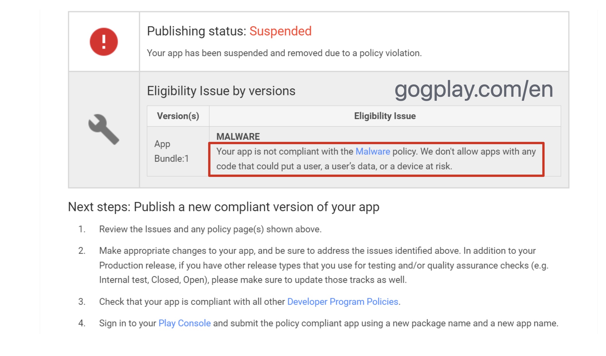 Google Play 開發者帳號提交審核已停用 : 惡意軟體、行動垃圾軟體和行為透明度等拒絕上包問題