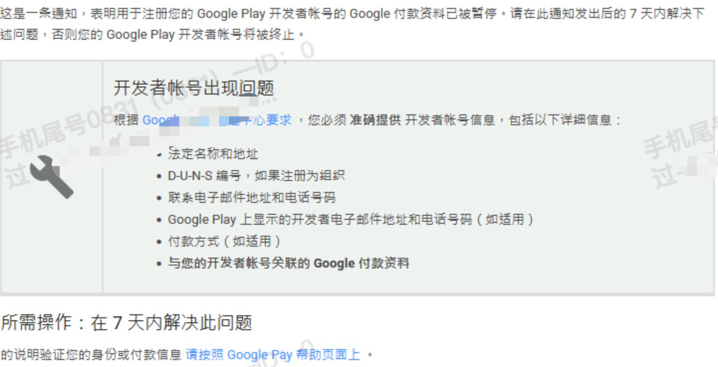 請在此通知發出後的7天內解決下述問題，否則您的Google Play開發者帳號將被終止